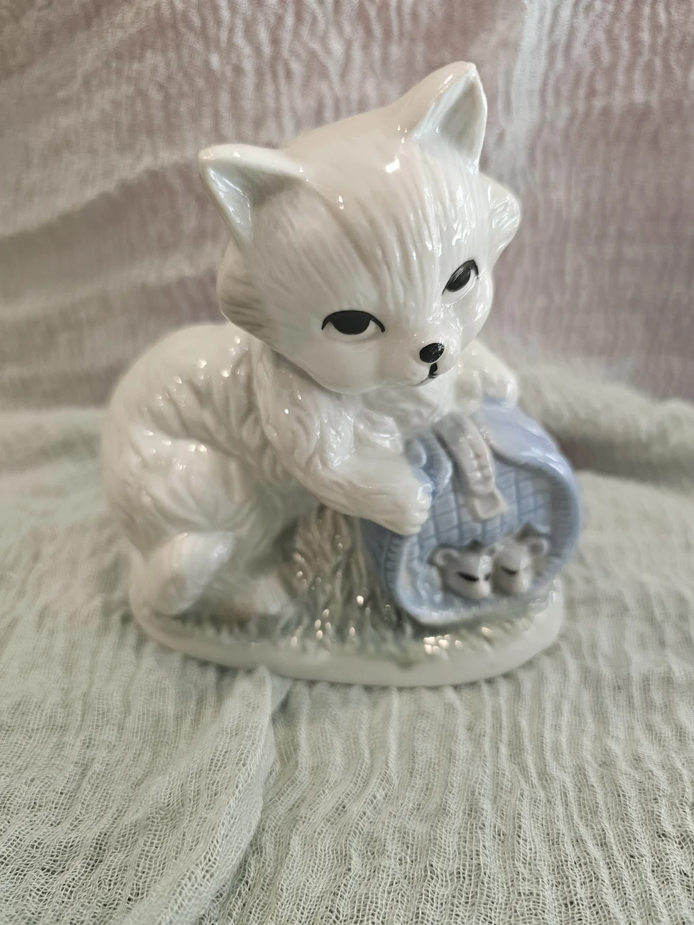 Vintage Artmark Mid-century Porcelain Cat Figurine with Mice Basket